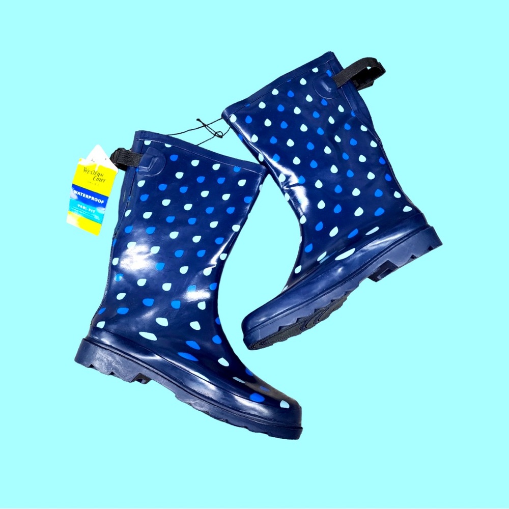 Western Chief Women’s Raindrop Dot Vari-Fit Rain Boots in Blue